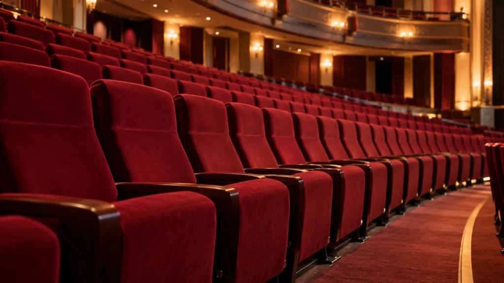 Artificial leather for cinemas and theatres: what must seat upholstery withstand? 1 Empty Velvet Theater Auditorium